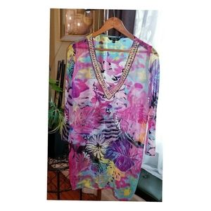 Tropical Sequin Vneck Sheer Cover Up